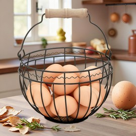 Wire Egg Basket for Gathering Fresh Eggs, Vintage Chicken Egg Collecting Basket with Handle, Farmhouse Egg Storage Container Countertop,Black, Ventilated Design, Easter Christmas Kitchen Decor