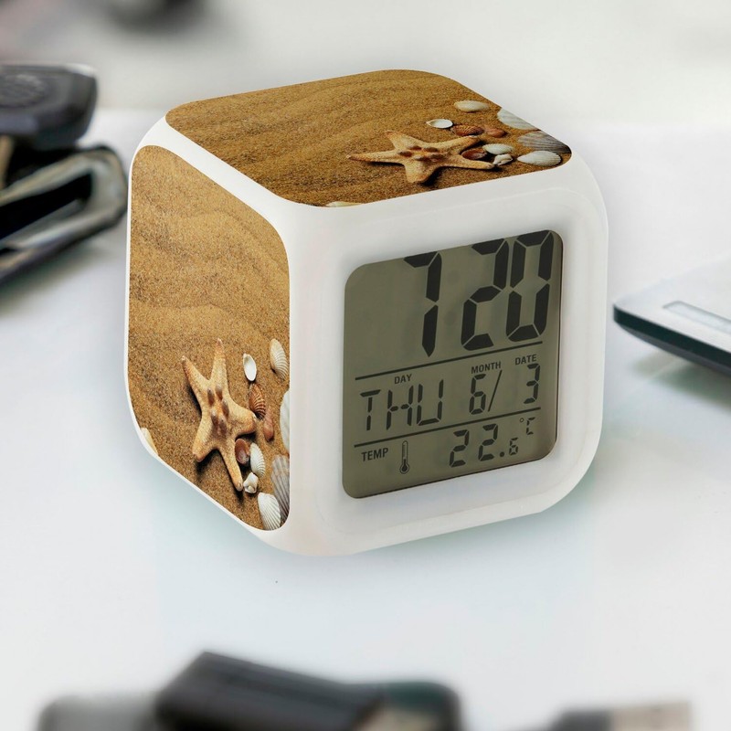 Fabulous Alarm Clock Cube Illuminated White - Shell Starfish Sand