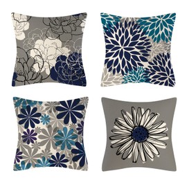 4 Set Throw Pillow Covers, BetterJonny Modern Daisy Floral Pillows Beige and Blue Decorative Pillow Covers for Living Room Outdoor Home Sofa Bed Couch Bed 18 x 18 Inch