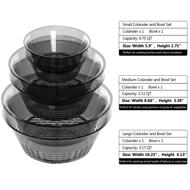 Shock-Resistant Plastic Colander for Kitchen Set of 6, 2 in