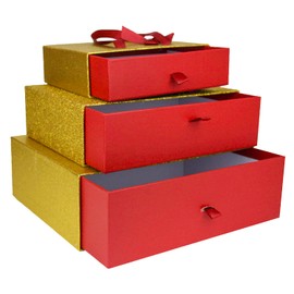 Emartbuy Set of 3 Rigid Luxury Rectangle Presentation Gift Box, Metallic Gold/Red Box with White Interior, Satin Bow and Carry Handle