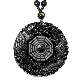 Obsidian Dragon & Phoenix Necklace Black Gemstone Yin Yang Protection Pendant with Adjustable Bead Chain Lucky Talisman Amulet Necklace Jewelry Gifts for Men Women