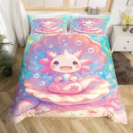 Loussiesd Cute Axolotl Bedding Set for Girls Boys Kids Single Size Cartoon Salamander Comforter Cover Set Kawaii Ocean Sealife Duvet Cover Ocean Bedspread Cover 2Pcs Pink Quilt Cover