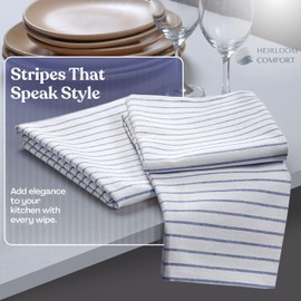 HEIRLOOM COMFORT Indigo Blue Stripe Kitchen Towels, 5 Pack, 100% Cotton, Super Absorbent and Quick Dry, Classic Striped Towel Set, Durable Dish Cloths for Kitchen Use, Cleaning & Drying Dishes