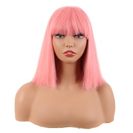 MapofBeauty 12 Inch/30 cm Straight Bob Flat Bangs Short Colorful Synthetic Hair Cosplay Party Wig (Light Pink)