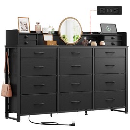 WLIVE 55''W Storage Organizer Unit with Charging Station, Black Storage Drawers Organizer with 16 Fabric Drawers & 3 Open Shelves, Large Storage Tower Organizaton for Living Room, Hallway, Office