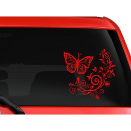 Butterfly and Flower Car Truck SUV Window Laptop Kitchen Wall Vinyl Decal Sticker (Red, 6")