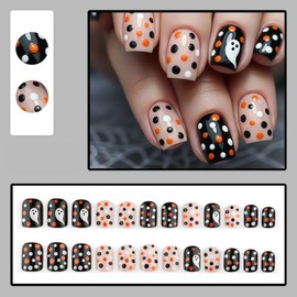 Halloween Polka Dots Press on Nails Short Square Fake Nails Press on Black False Nails with Cute Ghost Designs Glossy Acrylic Nails Kit Fall Glue on Nails Reusable Stick on Nails for Women 24Pcs