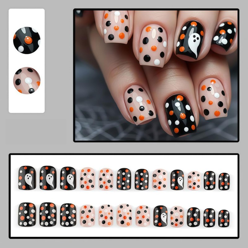 Halloween Polka Dots Press on Nails Short Square Fake Nails