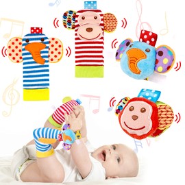 Ballery Baby Rattles Toy Socks and Wrist, Pack of 4 Foot and Wrist Rattle Development Toy Soft Animal Rattles for Newborn Girls and Boys 0-6 Months