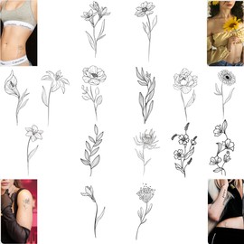 Calnklily 15Pcs Temporary Tattoos for Women & Girls – Waterproof, Realistic-Looking, Non-Sticky Body & Arm Art Stickers with Floral Designs. (Brookside Whispers)