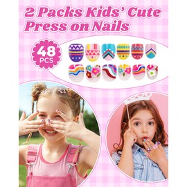 3-6 Years Kids Press on Nails, 48 Pieces (2 Packs) Soft Fake Nails for Toddlers & Little Girls, Safe Reusable Stick on Nails, Cute Full Cover Glitter Nails for Preschoolers, Easy to Apply Nail Art