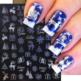 8PCS Christmas Nail Art Stickers Decals Blue White Snowflake Nail Decals 3D Self-Adhesive Blue Snowflake Snowball Nail Supplies Christmas Tree Stocking Deer Nail Design for Women DIY Manicure Decor