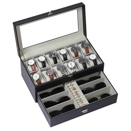 AUTOARK Leather & Velvet 12 Watch Box Jewelry Case and 6 Piece Sunglass Eyeglasses Organizer,2 Layers with 1 Drawer,Lockable,Large Glass Top,Black,MKAW043