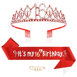Maigendoo 16th Birthday Crown and Sash Princess Crown Queen Tiara Rhinestone Headbands Birthday Stuff Accessories Tiara and Sashes Decorations Set Girls 16 Years Old Party Supplies, Red