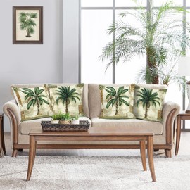 Bonhause Tropical Palm Tree Throw Pillow Covers 16 x 16 Inch Vintage Green Leaf Decorative Pillow Cases Polyester Linen Cushion Covers for Sofa Couch Indoors&Outdoors Decor Set of 4