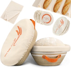 HASHMUST Banneton Bread Proofing Basket Set, 9 Inch Round & 10 Inch Oval Cotton Rope Proofing Bowls with Liners Covers & 14x19 Inch Thick Baguettes Cloth, Sourdough Dough Loaves Baking Supplies Gifts