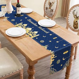 Eid Mubarak Table Runner Decoration, Ramadan Blue and Gold Table Runner Decor, Ramadan Mosque Lantern Islamic Happy Holiday for Dining Party Table Decorations Home, 13x72 Inches (Blue)