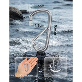 pullther Pack of 10 Aluminium Carabiner Hooks, 56 mm / 2.2 Inch Carabiner Large, Corrosion-Resistant D-Ring Carabiner Hook Key Ring for Outdoor Sports, Hiking, Camping,