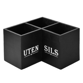 Kitchen Organiser, Corner Shelf, Black, 24 x 24 x 16 cm, Extra Large Kitchen Utensil Holder, Corner Shelf with 3 Compartments for 30-40 Utensils, Space-Saving Wooden Cooking Spoon Holder for Worktop