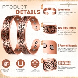 Otuuz Pack of 2 99.99% Copper Magnetic Bracelets 3500 Gauss Copper Bracelet with 9 Magnets Solid Copper Bangle Adjustable Cuff Bracelets with Tree and Celtic Design, 2 Styles (Pattern)