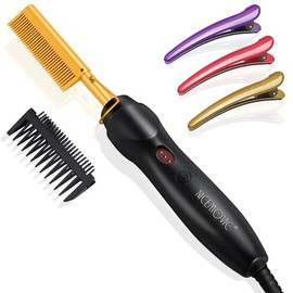 NICEMOVIC Peine Alisador de Cabello con Calentamiento Cerámico - Cepillo de Prensado Caliente para Cabello Natural Negro, Barbas Postizas y Rizado (Or
