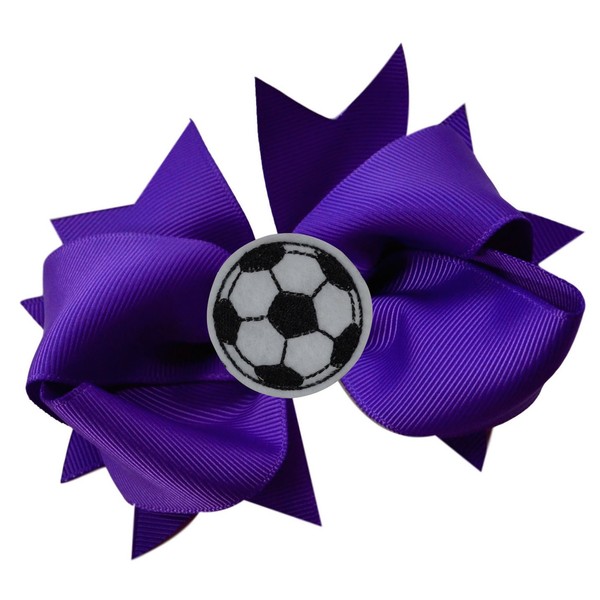 SOCCER BALL BOW Girls 4.5 Inch Grosgrain Soccer Hair Bow with Embroidered Soccer Ball By Funny Girl Designs (Purple)