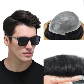 RESHE Mens Toupee Hairpieces Thin Skin Poly Toupee For Men Human Hair Replacement System For Men Hairpieces 0.08mm Hair Prosthesis For Men 8X10#1B Off Black