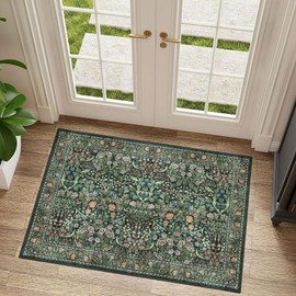 Othilic Floral Washable Entryway Rug - Moss Green Soft Boho Bathroom Rug Non-Slip Front Door Mat Indoor Entrance Thin 2x3 Small Vintage Accent Throw Rugs for Bedroom Entryway Kitchen Bedside