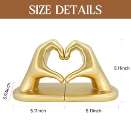 Heart Hands Book Ends for Shelves, Heavy Duty Resin Bookends for Office Bookshelf Decor, Gold Modern Home Decorative Book Holder for Study Room Hotel Shelves (1 Pair)