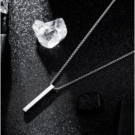 Bar Pendant Necklace Men Cool Stainless Steel Box Chain Pendant Matching Necklace for Men Couple Cuboid Stick Pendant Birthday Jewelry Gift-Silver