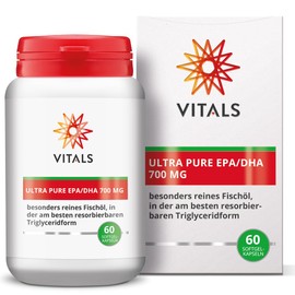 Vitals Ultra Pure EPA/DHA - 700 mg, 60 Softgel Capsules. With 400 mg EPA, 300 mg DHA. Made from particularly pure fish oil, triglyceride form.