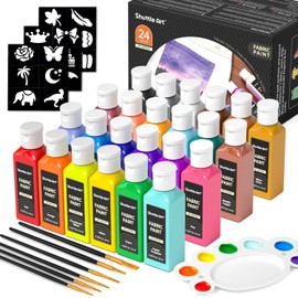 Shuttle Art 24 Colors Fabric Paint, 60ml/2oz Bottles, Permanent Soft Fabric Paint for Clothes with Brushes &Stencils, Non-Toxic Textile Paint for T-Shirts, Shoes, Jeans, Bags, DIY Projects & Crafts