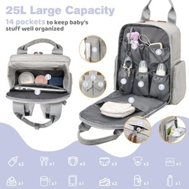 JSTPRO Diaper Bag Backpack - Large Diaper Bag with Portable Changing Pad as Baby Shower Gifts, Lightweight Waterproof Unisex Travel Baby Bag with 4 Insulated Pockets and Stroller Buckles, Light Grey