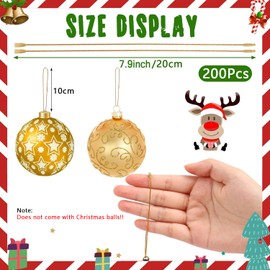 LIODUX 200Pcs Christmas Ornaments String Hanger, Ornament Hangers with Snap Ornament String, Gold Precut Ribbon Hook for Christmas Tree Holiday Party Hanging Decorations (Gold)