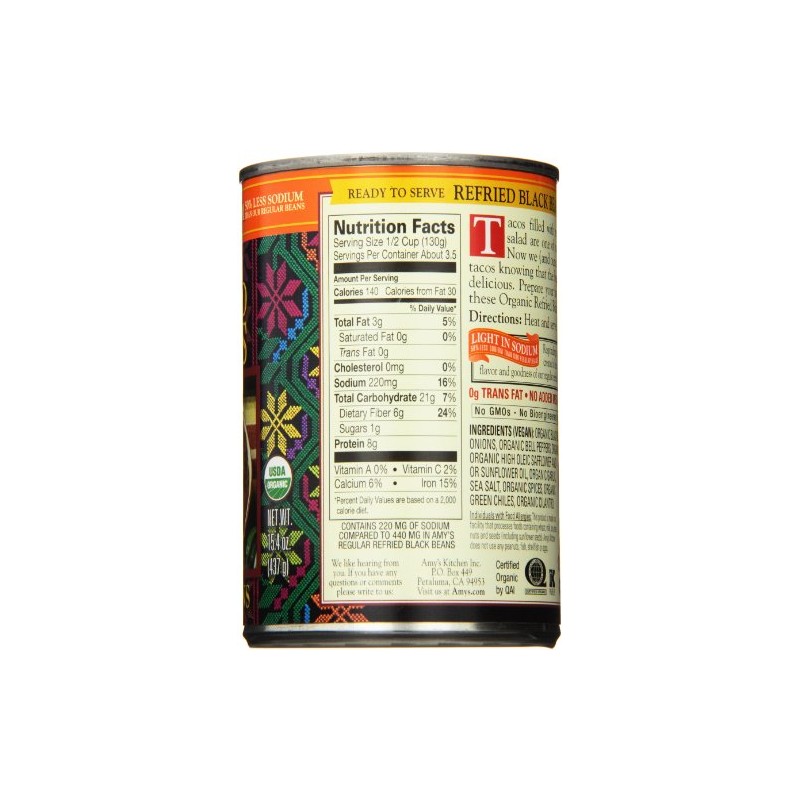 Amy's Organic Refried Black Beans Canned, Light in Sodium, Vegan,