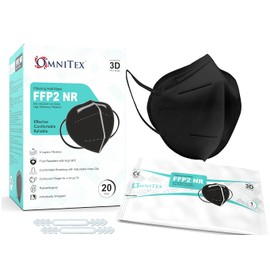 Omnitex FFP2 Black Face Mask - Box of 20, Individually Wrapped | High Filtration - 5 Layers | EN149 CE Certified | Hypoallergenic | Fluid Resistant | Adaptable Nose Bridge | 5x Extenders