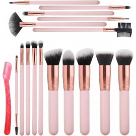 Triko Set de 16 Piezas Set de Brochas Maquillaje con Perfilador de Cejas, Cerdas Sintéticas Premium para Base, Polvos y Sombras, Kit de Brochas de Maquillaje con Mangos de Madera, Rosa