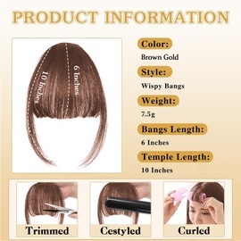 Aodse Clip in Bangs, Real Human Hair Clip in Bangs for Women, Wispy Clip on Air Bangs with Temples Hairpieces, Curved Bangs for Women, Natural Soft Bangs Hair Extensions for Daily Wear,Brown Gold