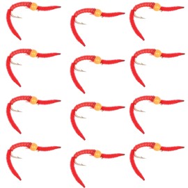 The Fly Fishing Place Trout Nymph Fly - San Juan Worm Power Bead One Dozen Orange Bead Red V-Rib Hook Size 14 - Set of 12 Nymph Wet Flies