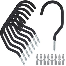 KURUI Heavy Duty Screw Hooks for Hanging Plants, Outdoor String Lights, Bike, 8 Pack Large Ceiling Hooks for Garage Organization and Storage, Black No Drill Wall Hangers