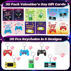 AuroTops Valentines Day Cards for Kids, 30 Pack Video Game Controller Keychains with Valentines Day Cards for Valentine School Party Favors for Kid Boys Girls, Kids Exchange Valentine's Day Gifts