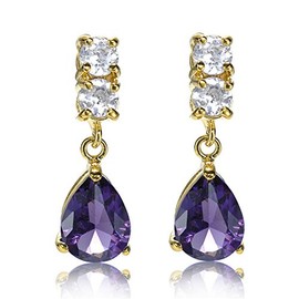 [RIZILIA TEARDROP] Dangle Pierced Earrings with Pear Cut Gemstones CZ [Purple Amethyst] in 18K Yellow Gold Plated, Simple Modern Elegance