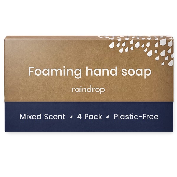 Raindrop Sustainable Hand Soap Refills, 4x Plastic-Free Foaming Hand Soap Refills (Mixed Pack of Scents, Sweet Vanilla, Lavender, Lychee and Rose, Bergamot)