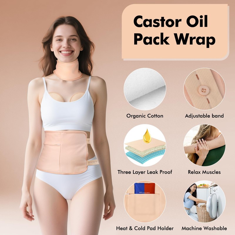 Castor Oil Pack Wrap with 8Fl.Oz Cold Pressed Unrefined Glass