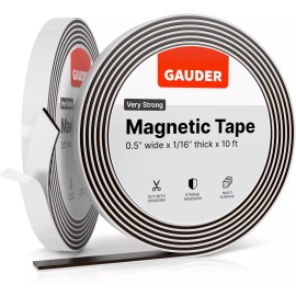 GAUDER Magnetic Magnet Tape  Self Adhesive 0.5 Inch X 10 Feet Magnetic Strips Roll - 10 Ft