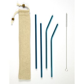 4 Pack Stainless Steel Straw Set - Reusable Metal Drinking Straws with Cleaning Brush and Bag. Bent, Blue