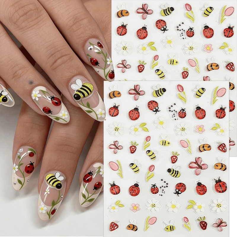 5D Embossed Bee Nail Stickers Cute Daisy Floral Lady Bug