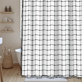 Mightree Checkered Shower Curtains Set – Water Repellent & Machine Washable Fabric Shower Curtain with Tassel for Bathroom, Farmhouse Boho Style Bath Curtains 72”x74”, Black & White