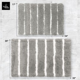 Homewear 2-Piece Stripe Bathroom Rug Set, Soft Plush Bath Mats, Non-Slip, Water Absorbent, Machine Washable, Bathroom Decor, 20"x32" + 17"x24", Silver/Pure White